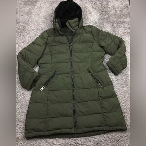 Andrew Marc Long Puffer Coat Womens Size XL Green Black Faux Fur